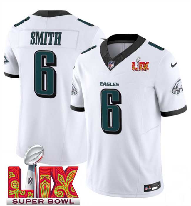 Men & Women & Youth Philadelphia Eagles #6 DeVonta Smith White 2025 Super Bowl LIX Patch New F.U.S.E. Vapor Untouchable Limited Stitched Jersey